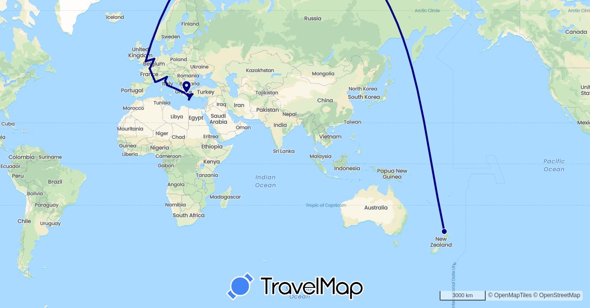 TravelMap itinerary: driving in France, United Kingdom, Greece, Italy, Netherlands, New Zealand, Turkey (Asia, Europe, Oceania)